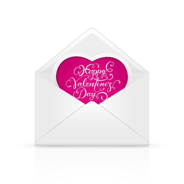 Open envelop mail met belettering Happy Valentines Day op roze hart, illustratie.