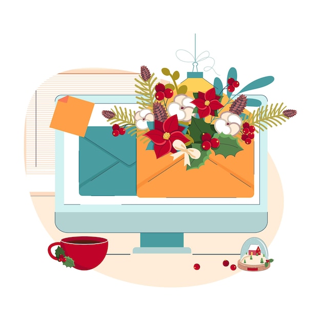 Open envelope on computer and letter with present merry christmas and happy new year message