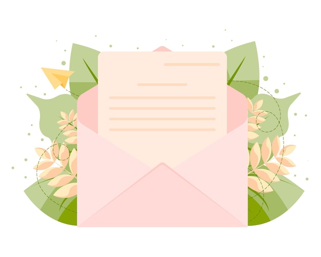 Вектор Открытый конверт с письмом на фоне листвы концепция отправки сообщений