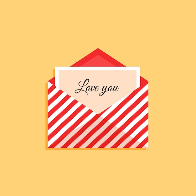 Open envelope with a card with the text i love you in a flat style