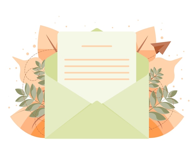 Открытый конверт с письмом на фоне осенней листвы Концепция отправки сообщений