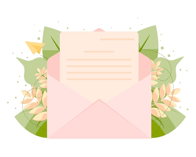 Vector open envelope with a letter with foliage in the background the concept of sending messages