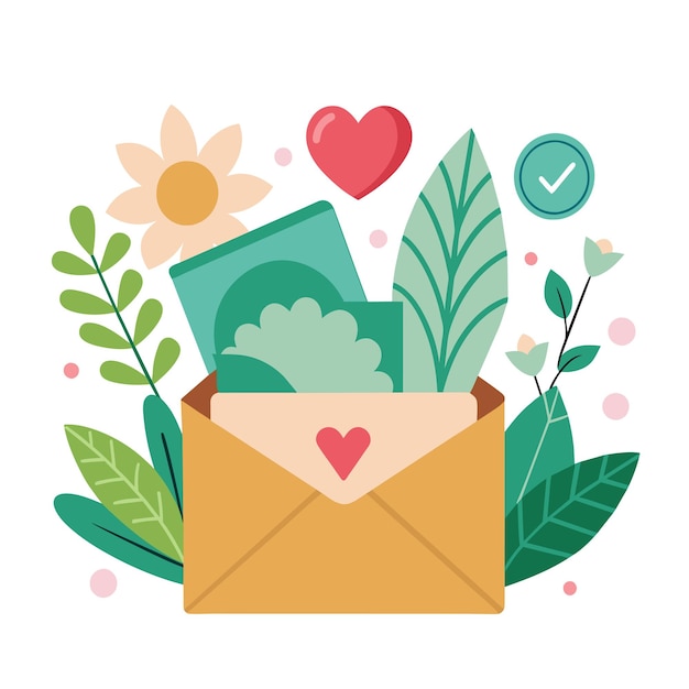 Open envelope with love letter to Valentines Day elements with spring flowers plants leaves heart