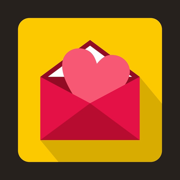 Open envelope with pink heart icon in flat style on a yellow background