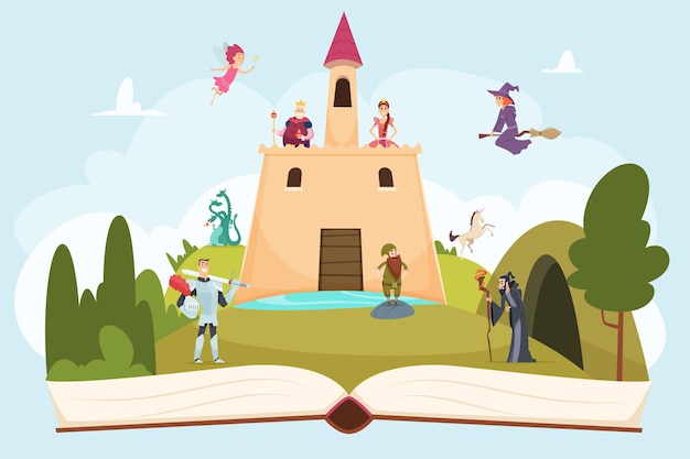 Vector open fairy tale book. fantasy background with funny mascot princess knight wizard witch  cartoon landscape on pages.