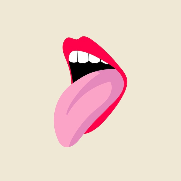 Vector open female human mouth with tongue teeth flat style illustration of lips open mouth sticking out