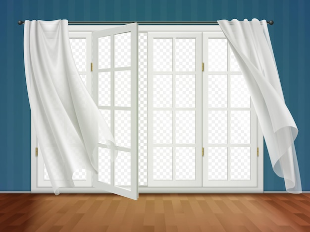 Vector open french doors with white curtains