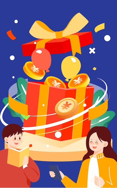 Open geschenkdoos met veel gouden munten en coupons vectorillustratie