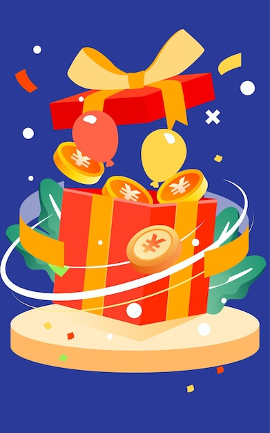 Open geschenkdoos met veel gouden munten en coupons vectorillustratie