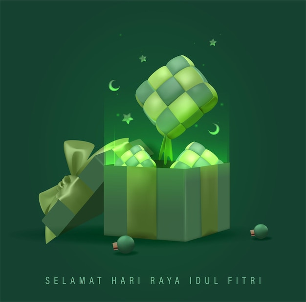 Open geschenkdoos vol 3D-realistische Ketupat voor Eid en Ramadan Kareem vectorillustratie