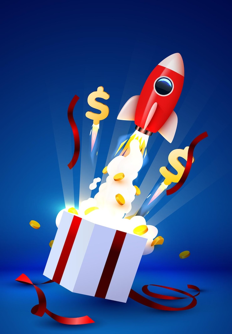 Vector open gift box with coin explosion and launching rocket big win concept