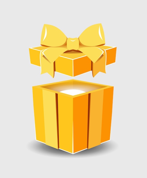 Open gift box with a surprise and a ribbon bow on a gray background.
realistic vector icon for gift