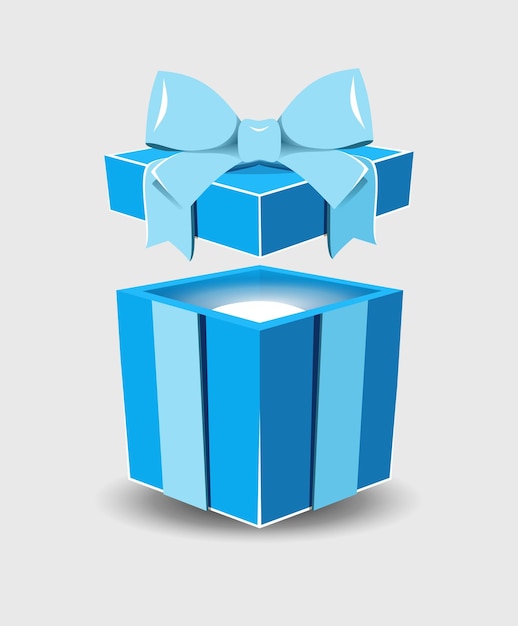 Vector open gift box with a surprise and a ribbon bow on a gray background.