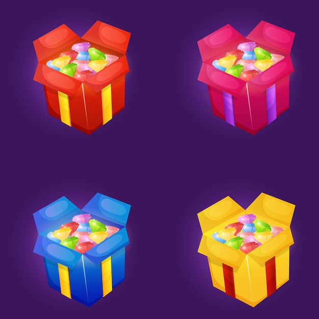 Open gift boxes full of gems game ui interface element