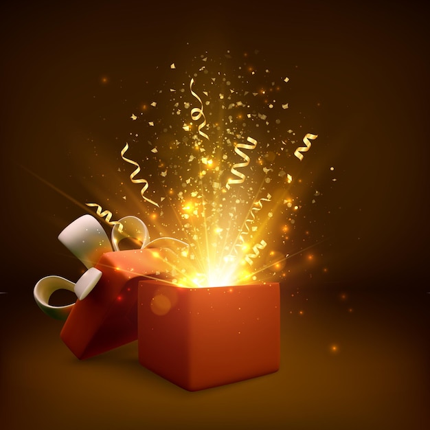 Open gift with fireworks and glitter. present box decoration design element. holiday banner with open box. vector illustration