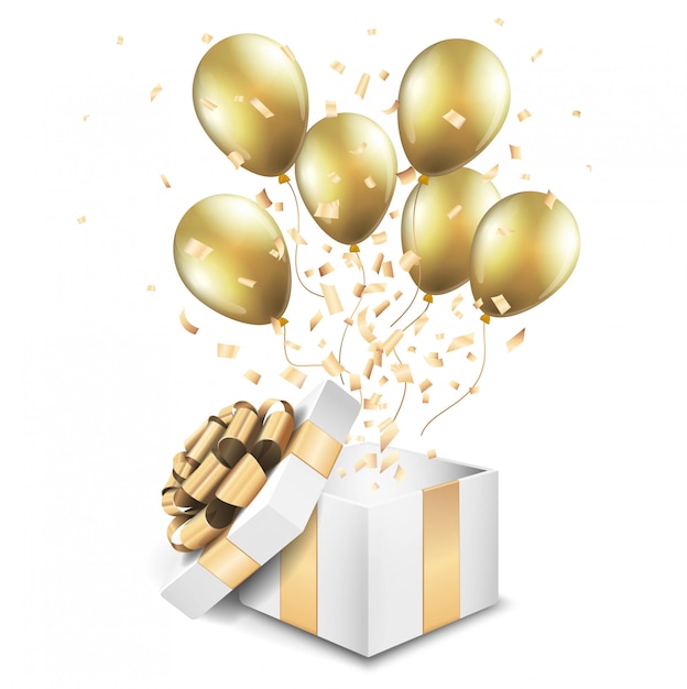 Open gold gift box with balloons