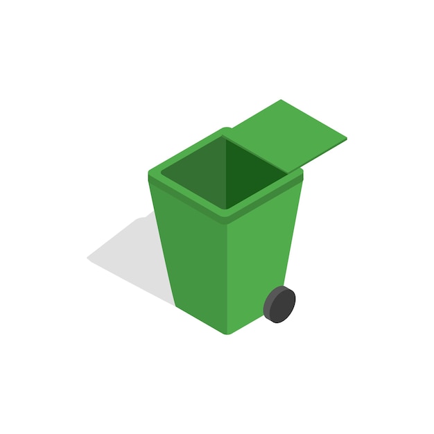 Open green garbage container icon in isometric 3d style on a white background