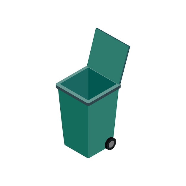 Apri l'icona verde del contenitore dei rifiuti in stile 3d isometrico su sfondo bianco