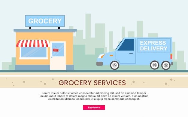 Open Grocery shop with express delivery service. Fruits and vegetables market in city. infographic.