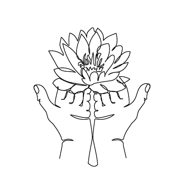 Open handpalmen met lotus één lijntekening Doorlopende lijntekening van gebaar geef een gebaar en bloem