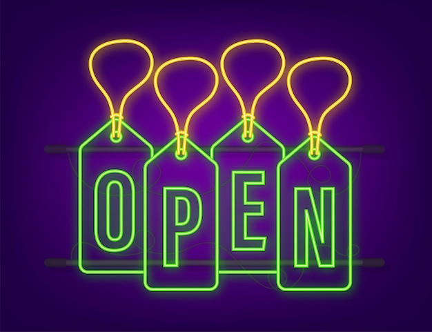 Insegna al neon di vendita hangtags aperta. illustrazione di riserva di vettore.