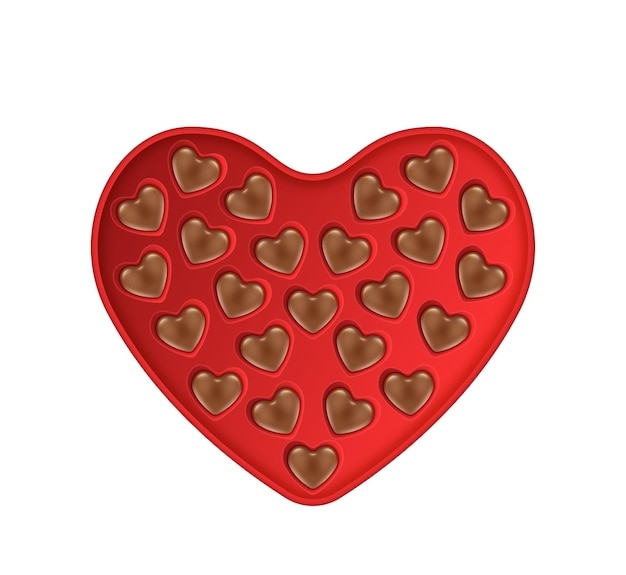 Open heart shape box of chocolate candies on white background Festive sweet gift with praline