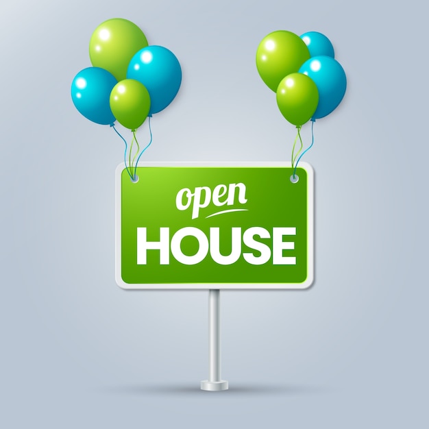 Open house sign with balloons