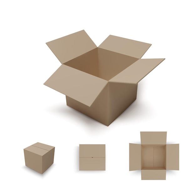 Open isometric box and closed parcel Realistic carton Isometric and top view Vector