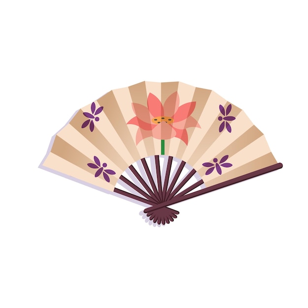 Open Japanese fan with a lotus on a white background Cartoon style