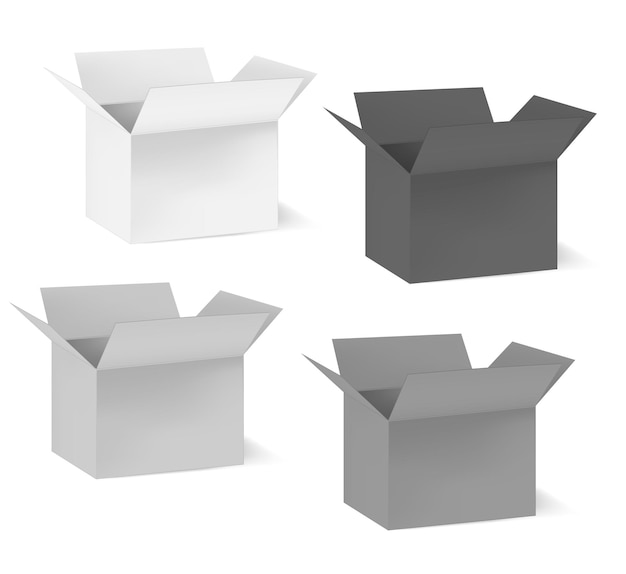 Open kartonnen dozen op witte achtergrond vector sjabloon blanco papieren verpakking container mockup set