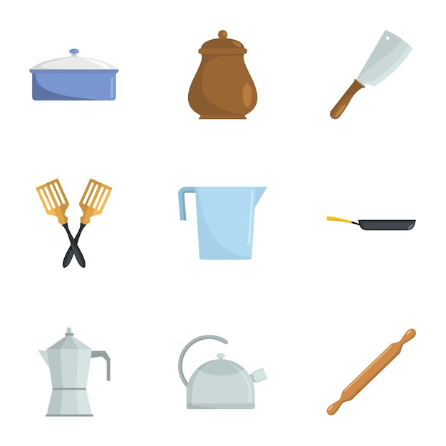 Vector open kitchen icons set, cartoon style