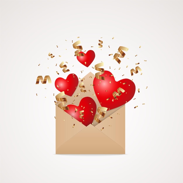 Open kraft brown paper envelope with flying and falling red hearts and golden glitter confetti explosion, festive illustration design element isolated on white background