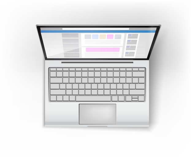 Apra la vista superiore del computer portatile sullo scrittorio per la pubblicità o l'affare su fondo bianco