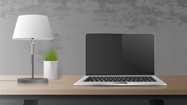 Vector open a laptop with a black screen. modern laptop on a wooden table. table, table green plants, table lamp, workplace in the loft style.