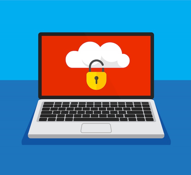 Aprire laptop con cloud storage bloccato su uno schermo. protezione dei file. sicurezza dei dati e concetto di privacy sul display di un computer. informazioni riservate sicure. illustrazione.