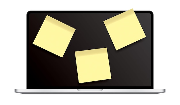 Open laptop with yellow sticky notes on the black screen, isolated on a white background. Modern notebook with To-Do list, or reminder blank notes.