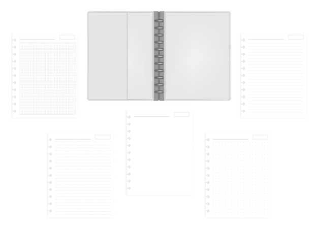 Vector open letter size disc bound notebook folder with ruled hole punched filler paper sheet set mockup