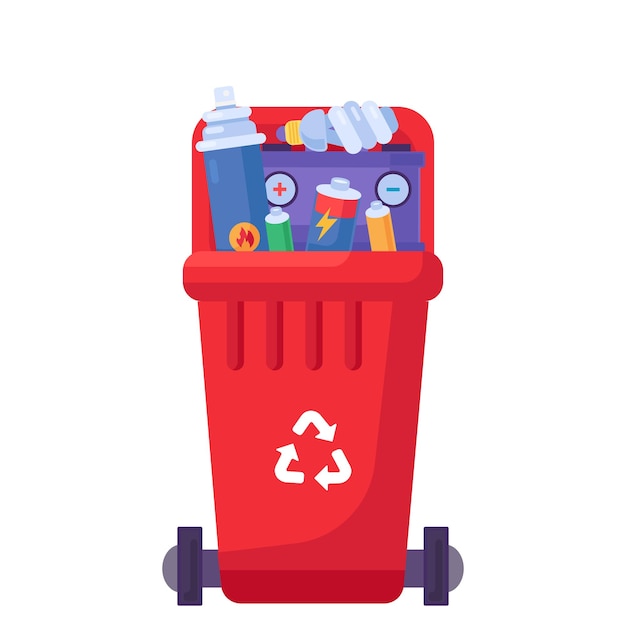 使用済みの危険な家庭廃棄物のリサイクルと分類のための開かれた蓋で満たされたコンテナ 燃焼しやすい物品のための赤い運搬可能なゴミ箱 孤立したベクター