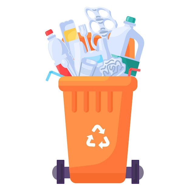 利用済みの家庭用プラスチック廃棄物を貯蔵,リサイクル,分類するための開いた蓋で満たされた容器 プラスチック容器や処分用食器のための運搬可能なゴミ箱 カートゥン孤立ベクター