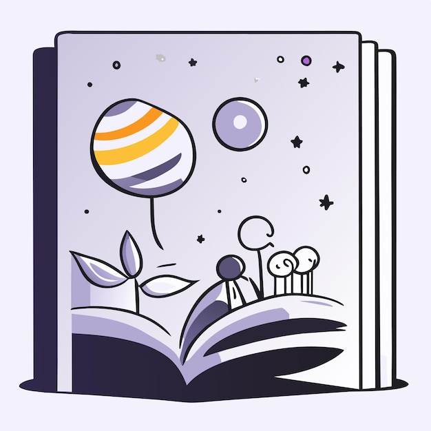 벡터 예술에 대한 마법의 책을 열어 손으로 그려진 평평하고 세련된 만화 스티커 아이콘 개념 고립된 일러스트레이션