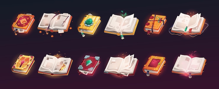 Vector open magic books cartoon ancient papyrus books with witchcraft spell game ui elements