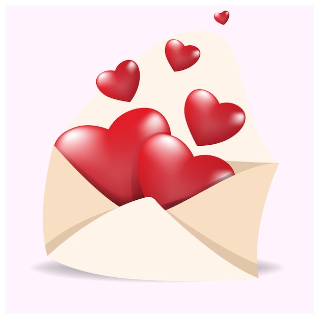 Vector open mail envelope icon, letter letter with red heart. realistic element for romantic design.