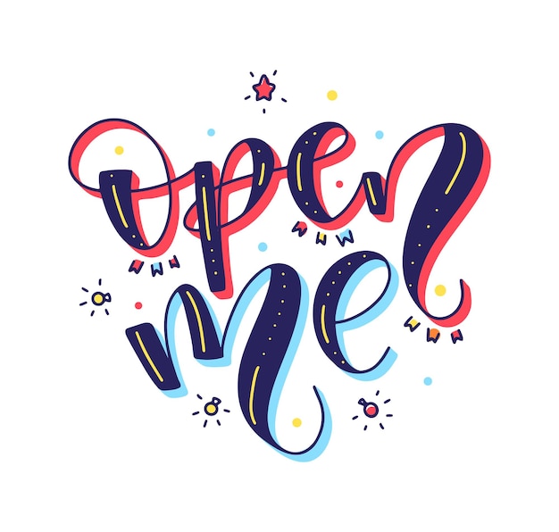 Open me colored lettering with christmas doodles