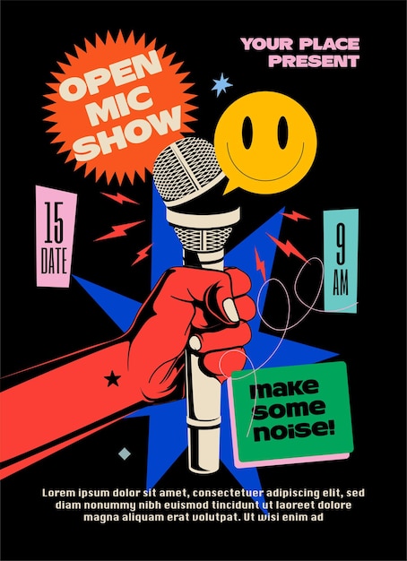 Open mic night comedy stand up show poster o flyer o banner modello di progettazione con mano che tiene il microfono aperto e composizione di elementi luminosi su sfondo nero illustrazione vettoriale