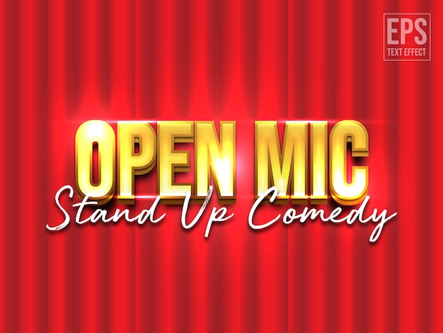 Vettore open mic stand up comedy text effect modello modificabile con colore rosso e giallo