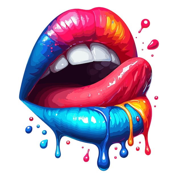 Vector open mouth with bright color makeup paint flow lips biting vector isolated on white background