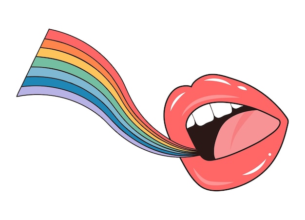 Vector open mouth with rainbow from it groovy retro psychedelic cartoon element