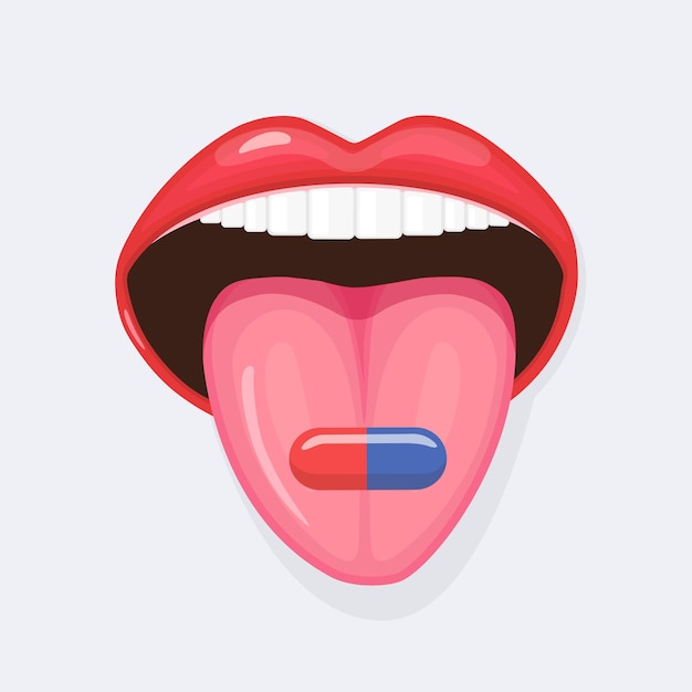 Vector open mouth with tongue sticking out and a pill on it