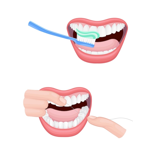 open mouth with toothbrush and dental floss scrubbing and cleaning teeth vector set