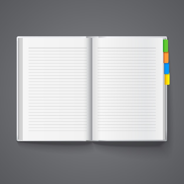 Vector open notebook for records with colored tabs.